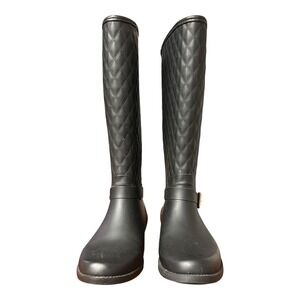 Guess Womens Black Quilted Tall Rain Boots‎ Matte Waterproof Gold Buckle Size 8